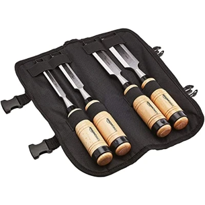 Afbeelding van Amazon Basics Lot de 4 ciseaux à bois stables, en acier au chrome vanadium, 13 32 mm, manche bois, avec sac transport