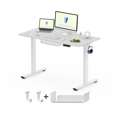 Afbeelding van FLEXISPOT EG1 in hoogte verstelbaar elektrisch bureau met lade van 120 x 60 cm, staand zitbureau 2 verdiepingen en enkele motor, thuiskantoor, paneel knoppen (wit frame+witte bovenkant)