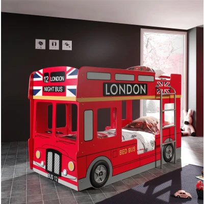 Afbeelding van LUCEVI Carbeds London Bus Stapelbed + Matras Lattenbodem Rood 90x200 cm