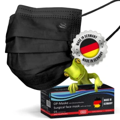 Afbeelding van kela, 50 zwarte medische chirurgische maskers Made in Germany voldoet aan DIN en 14683 type II BFE &gt;98% 3 laags zwart wegwerp mond neusbescherming