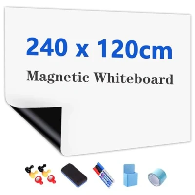 Afbeelding van JOMUSAGA magnetisch whiteboardpapier, 240 x 120 cm, zelfklevend, uitwisbaar, whiteboard, wandfolie, inclusief gum, vilt en magneten, voor school kantoor