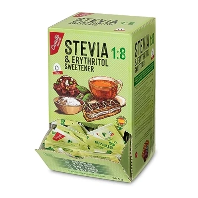 Afbeelding van Zoetstof Stevia + Erythritol 1:8 504 zakjes à 1 g 100% natuurlijke suikervervanger 0 calorieën glycemische index keto en paleo koolhydraten niet GMO Castello sinds 1907