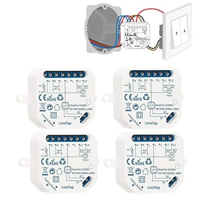 Afbeelding van LoraTap Switch Aangesloten rolluikmodule, wifi rolgordijnschakelaar, compatibel met Alexa Google Home voor stembediening, slimme timer, wandmotor, 4 stuks