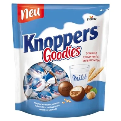 Afbeelding van Knoppers Goodies Knusper Minis (1 x 180 g) knapperige wafelballen gevuld met stukjes hazelnoot, melkcrème en nougat gewikkeld in chocolade