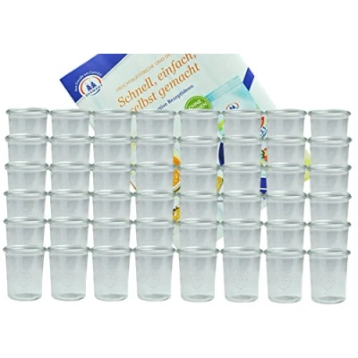 Afbeelding van MamboCat Weck glazen weckpotten, 160 ml, dessertpotten, potten voor cake, gelei enz., zonder deksel, inclusief receptenboekje, Diamant Zucker Gelierzauber 48 stuks