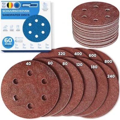 Afbeelding van EFFEKTWERK Schuurpapier 150 mm klittenband 60 stuks schuurschijven voor excenterschuurmachines 6 gaten x korrel P40 P60 P80 P120 P180 P240 P320 P400 P600 P800
