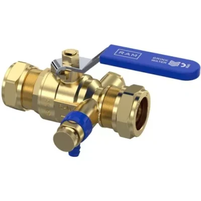 Afbeelding van Raminex kogelkraan 22mm knel + aftap 1/4&#039;&#039;