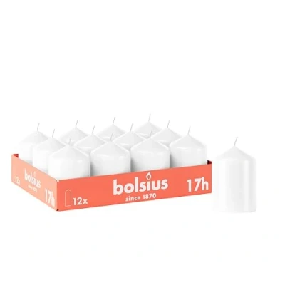 Afbeelding van Bolsius Set van 12 stompkaarsen, glad, wit, 8 x 6 cm, decoratief, brandduur 17 uur, geurvrij, bevat natuurlijke plantaardige was, zonder palmolie
