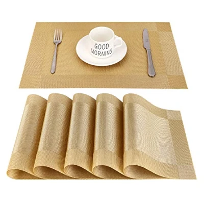 Afbeelding van CHAOCHI Placemat Set van 6,Gemakkelijk Schoon,Antislip,Hittebestendig,Vlekbestendig Tafelonderzetter, 45cmx30cm(Goud)