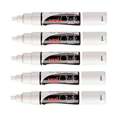 Image de Uni Ball Mitsubishi Pencil Marqueurs Craie Chalk Marker PWE 8K Multi Usage Résistant à la Pluie Idéal Vitre Miroir Tableau Ardoise Pointe Large Biseautée 8mm Lot de 5 Blanc