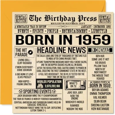 Image de Stuff4 Cartes d&#039;anniversaire de 65 ans pour homme et femme Journal né en 1959 Carte grand père, mère, vintage rétro 1959, 145 mm x mm,