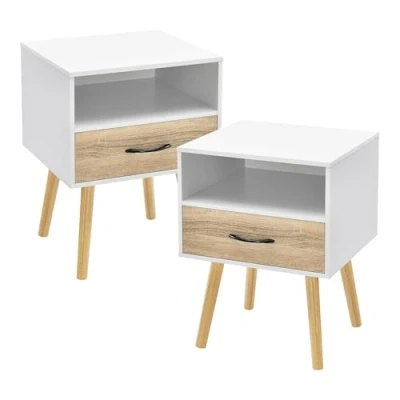 Afbeelding van Nachtkastje Gävle 57x42x40 cm set van 2 wit en eikenkleurig [en.casa]