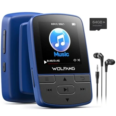 Afbeelding van WOLFANG MP3 speler 64 GB met Bluetooth 5.3, sportclip, mini formaat, gewicht 28,3 g, hifi luidspreker, FM radio, spraakrecorder, hoofdtelefoon inbegrepen