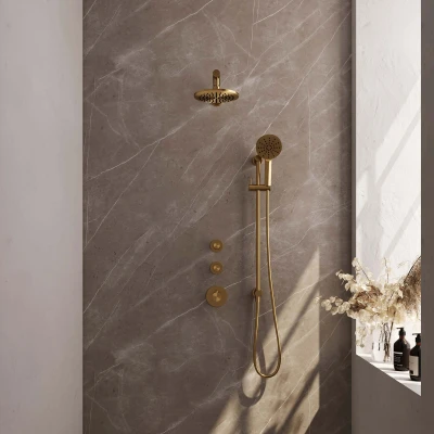 Afbeelding van Brauer Gold Edition Regendoucheset inbouw hoofddouche 20cm 3 gladde knoppen rechte wandarm glijstang handdouche rond standen PVD