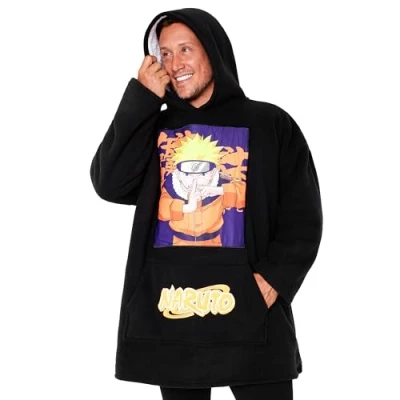 Afbeelding van Naruto Geruite trui voor heren, oversized, fleece, poncho, gevoerd, anime, één maat, volwassenen, tieners, zwart/multi
