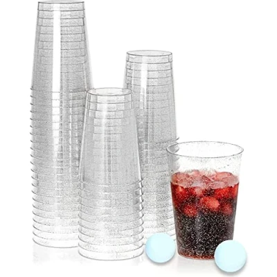 Afbeelding van KAHEIGN 50 stuks transparante plastic glitterbekers 300 ml Stijlvolle herbruikbare bekers voor cocktail, champagne, bier, martini, frisdrank, dessert (9,5 x 7,5 cm)