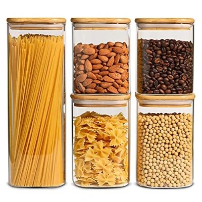 Afbeelding van ComSaf Set van 5 glazen voorraadpotten met transparant bamboedeksel luchtdicht deksel voor noedels, meel, muesli, rijst, suiker, thee, koffie, koffiebonen