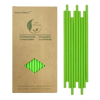 Afbeelding van Groene papieren rietjes, recyclebaar, wegwerp, 100% biologisch afbreekbaar, voor cocktails, vruchtensap, 100 stuks