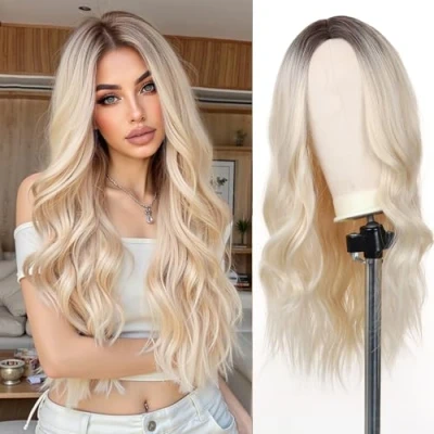 Afbeelding van Esmee lange blonde pruiken van 66 cm voor vrouwen, natuurlijk kunsthaar, ombré pruik met donkere wortels, lichtjes golvend hittebestendig