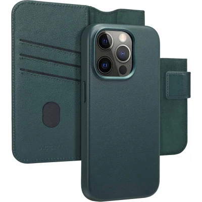 Afbeelding van Accezz Hoesje Geschikt voor iPhone 15 Pro Met Pasjeshouder Leather Bookcase 2 in 1 MagSafe donkergroen