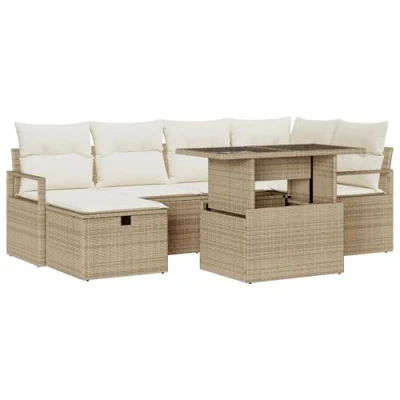 Afbeelding van vidaXL 7 delig Tuin Sofa Set met Kussens Beige Poly Rattan