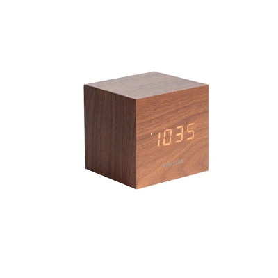 Afbeelding van Wekker Mini Cube donker houtfineer, witte LED Klokken