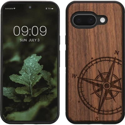 Afbeelding van kwmobile telefoonhoesje geschikt voorGoogle Pixel 9a Hoesje met bumper walnoothout In donkerbruin Vintage Kompas design