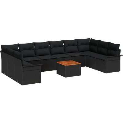 Afbeelding van vidaXL 11 delige Tuinbankset met Kussens Zwart Poly Rattan Acacia