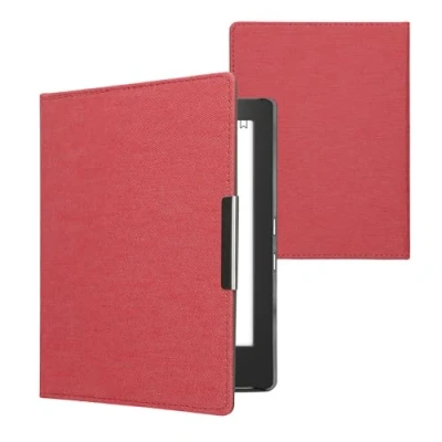 Afbeelding van kwmobile E reader hoesje geschikt voor Kobo Aura H2O Edition 1 hoes flip case met magneetsluiting Ereader cover Denim design in rood