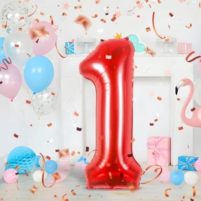 Afbeelding van Ballonnen verjaardag 1 jaar rood 101 cm ballon nummer verjaardagsdecoratie vliegen met helium