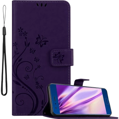 Afbeelding van Cadorabo Hoesje geschikt voor Honor 9 in BLOEMEN DONKER PAARS Beschermhoes bloemmotief met magnetische sluiting, standfunctie en kaartsleuven Book Case Cover Etui