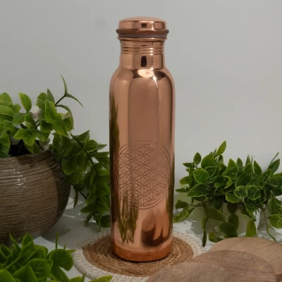 Afbeelding van Puur koperen waterfles flower of life glad ± 950 ml (zware uitvoering)
