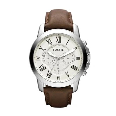 Afbeelding van Fossil Grant herenhorloge, quartz chronograaf uurwerk, met roestvrijstalen armband of leren band, Wit en bruin, Riem