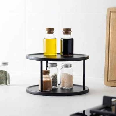 Afbeelding van Navaris dubbele lazy susan standaard 25 cm roterend plateau voor keuken of keukenkastjes Roestvrij stalen kruidenrek met draaiplateau