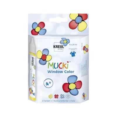 Afbeelding van Mucki, Kleuren + verf voor doe het zelvers, Raamkleurpen (Geel, Rood, Blauw, Zwart, 120 ml)