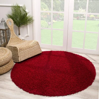 Afbeelding van Shaggy Vloerkleed Rood Hoogpolig 120 cm rond