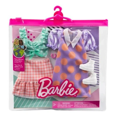 Image de Mattel Barbie Fashion Pack HBV70 Ensemble Tenues de vêtements pour poupée Jupe Chemisier Robe à Pois Bottes et Bracelet