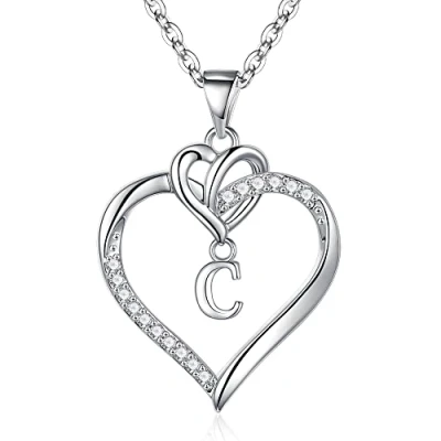 Afbeelding van TINGN hartvormige halsketting voor dames, zilver goud, 14 karaat witgoud verguld, initiaalketting met hanger, kubieke zirkonia, verjaardagscadeau vrouw, vriendin, moeder, Messing