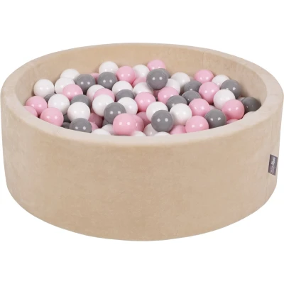 Afbeelding van KiddyMoon Velours ballenbad 90 x 30 cm/300 ballen met een diameter van 7 cm, rond, gemaakt in de EU, zandbeige: wit/grijs/poederroze