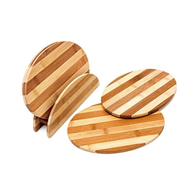 Afbeelding van Relaxdays 4x houten ontbijtplank met houder ontbijtbord bamboe natuur gestreept