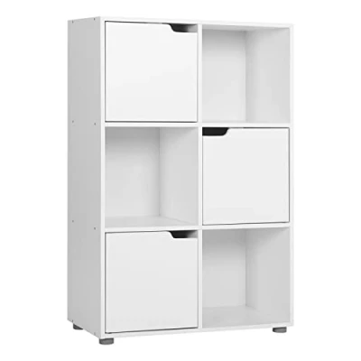 Afbeelding van WOLTU SK001ws UK Boekenkast met 6 kubussen, houten opbergrek 3 deuren, stofbescherming, ideaal voor slaapkamer, woonkamer wit