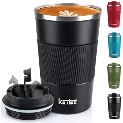 Afbeelding van KETIEE reisbeker, 380 ml, geïsoleerde koffiemok, met lekvrij deksel, herbruikbaar, dubbelwandig, van roestvrij staal, thermosbeker, voor warme en koude dranken, zwart