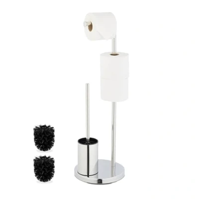Afbeelding van toiletbutler toiletborstel met houder staande reserverolhouder zilver