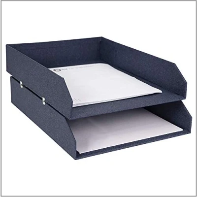 Afbeelding van Bigso Box of Sweden Set van 2 brievenbakken voor op kantoor stapelbare opbergvakken brieven, documenten enz. opbergsysteem vezelplaat en papier in linnenlook blauw