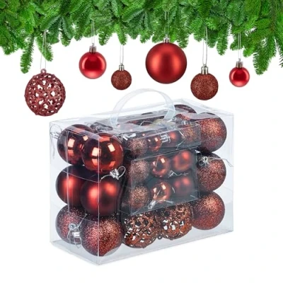 Afbeelding van Relaxdays kerstballen set van 50 traditioneel kunststof kerstboomversiering los rood
