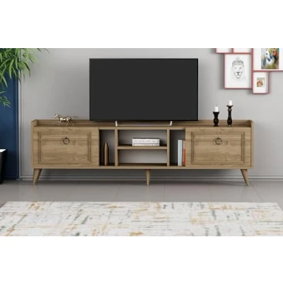 Afbeelding van Asir tv meubel. 100% GEMELAMINEERDE SPAANPLAAT. Dikte: 18 mm. Breedte: 180 cm Hoogte: 55 Diepte: 35 cm. Poothoogte: 15 Talrijke planken. Kan aan de muur worden bevestigd