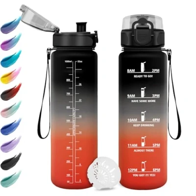 Image de gourde de sport 1 litre bouteille d&#039;eau avec indicateur temps, motivation filtre à épreuve fuite, facile nettoyer, gym pour école, camping, voyage