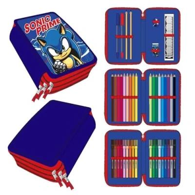 Image de Trousse à 3 compartiments de Sonic Couleur bleue 12,5 x 6,5 19,5 cm Fabriquée en 100% polyester Fermeture éclair Avec accessoires Produit original conçu Espagne, bleu,