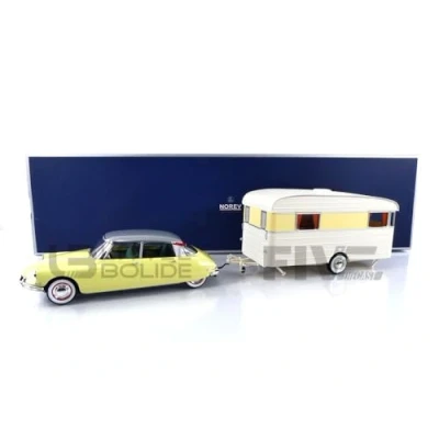 Afbeelding van Citroen DS 19 1960 Jonquille Geel + Caravan Digue Panoramic Model 1/18 Norev