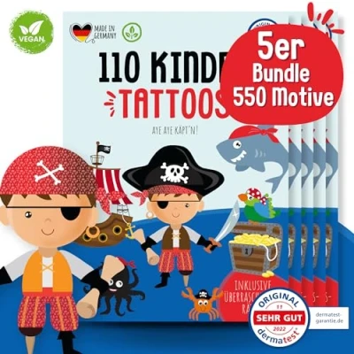 Afbeelding van MeinBaby123® Piarten kindertatoeages, 550 stuks, huidvriendelijk, piratenmotief, om op te plakken, piratenfeest, klein verjaardagscadeau voor jongens, veganistisch, gemaakt in Duitsland